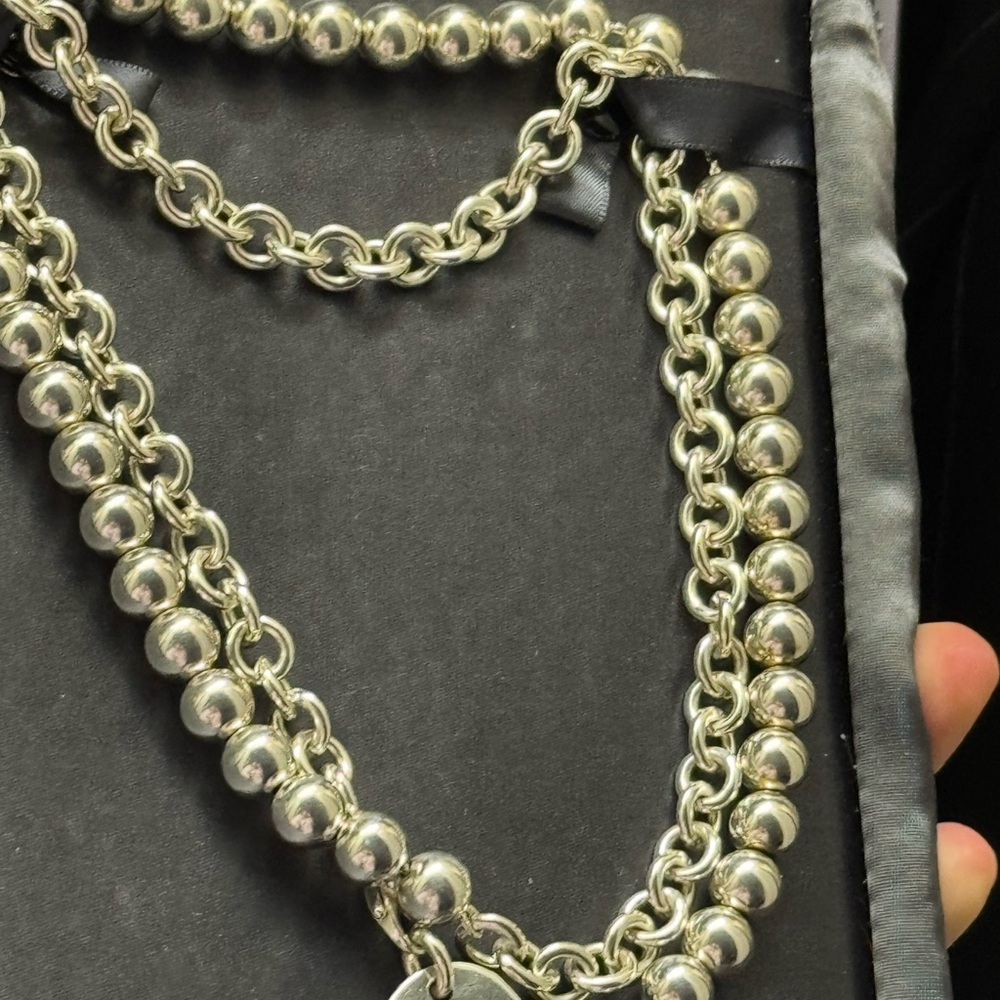 Tiffany & Co. Dark Brown Satin Jewelry Pouch with Silver Bead Chain - Picture 2 of 5
